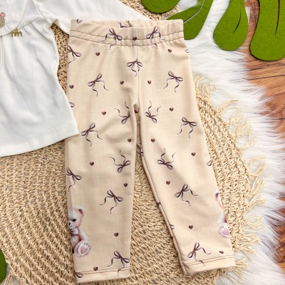 Conj. Batinha Gola Bordada Ursinhas e Calça Legging - Off White e Areia